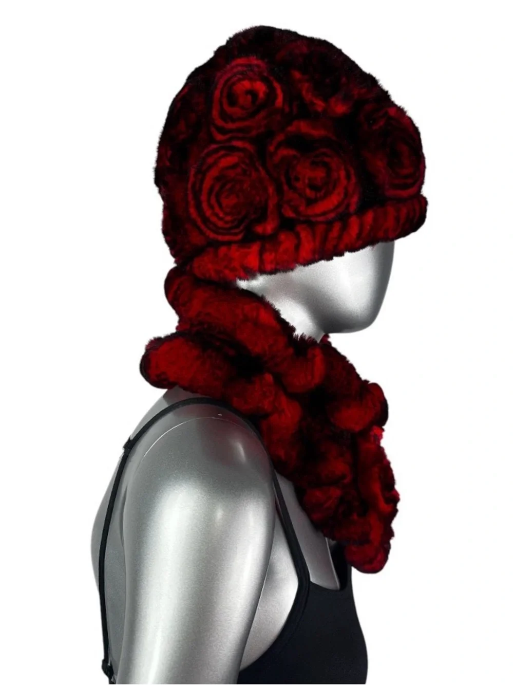 Red REX RABBIT Hat and Scarf w/Rosettes, One Size 21”-23” w/Stretch